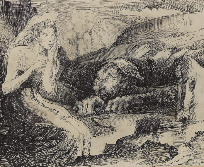 Mjaðveig Mánadóttir. Vatnslitateikning eftir Ásgrím Jónsson.